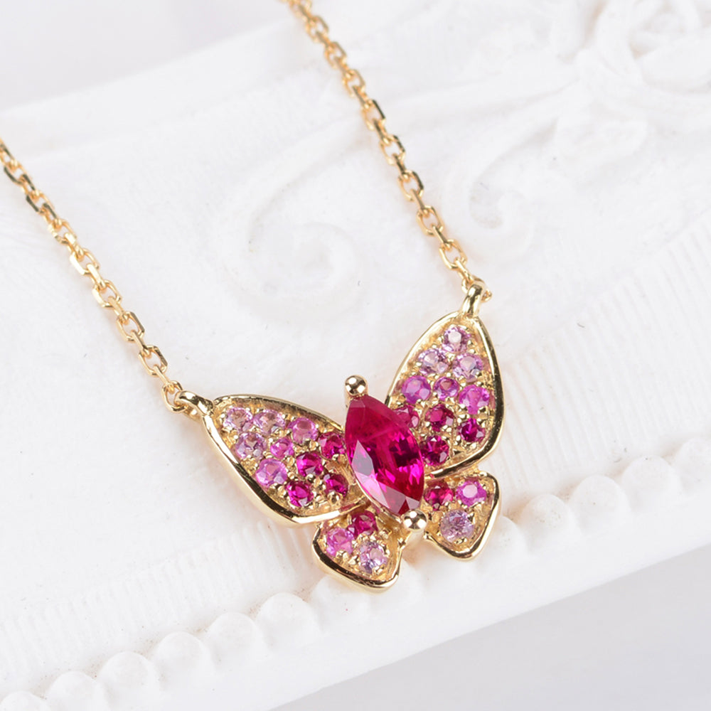 Butterfly Design Ruby & Diamond Necklace 14K Yellow Gold